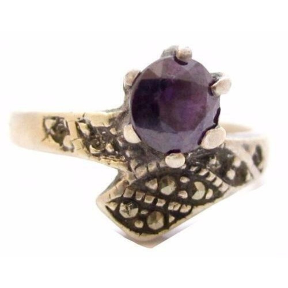Purple Gemstone & Marcasite Signed 925 Sterling Silver Ring*TLC*Sz 6.75